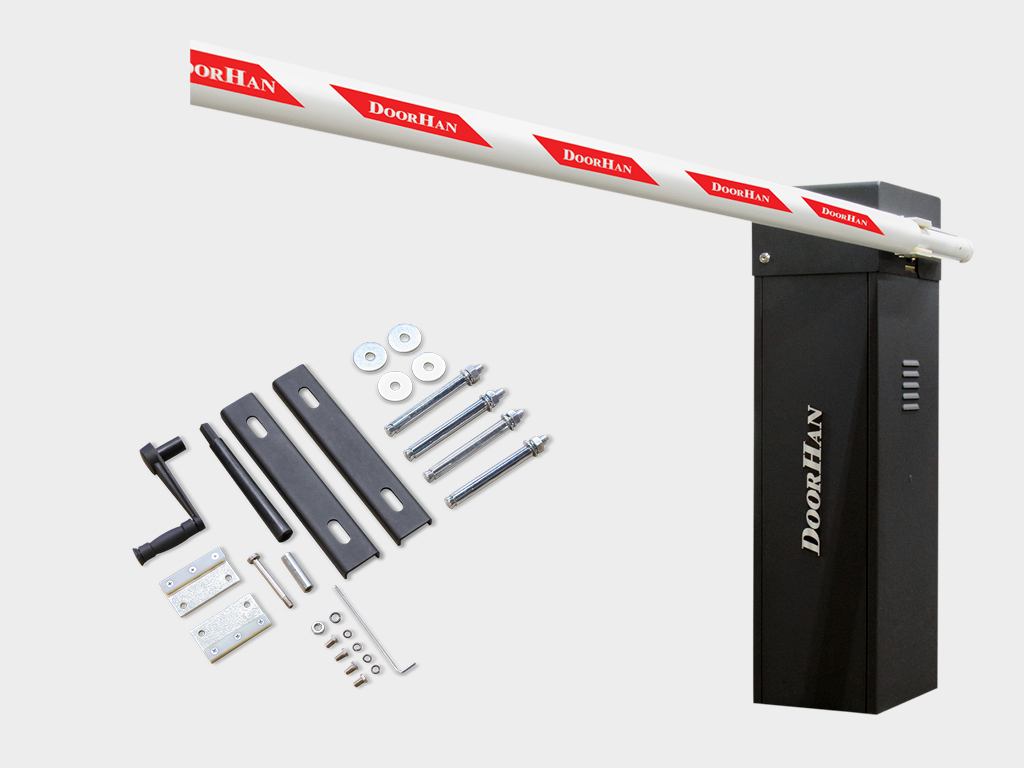 Shlagbaum stoyi, o'rnatilgan boshqaruv bloki, alyuminiy o'q, mustahkamlash elementlari, buloq.